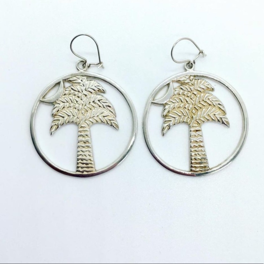 🌴 PALM TREE STERLING SILVER HOOK EARRINGS SUMMER BEACH SEA - Picture 3 of 6